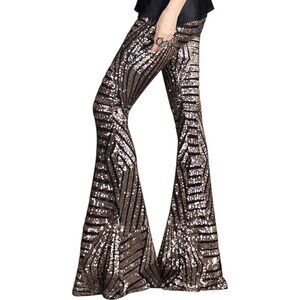 BLENCOT Women's Gold & Black Glitter Sequin High Waist Bell Bottoms Flare Size M